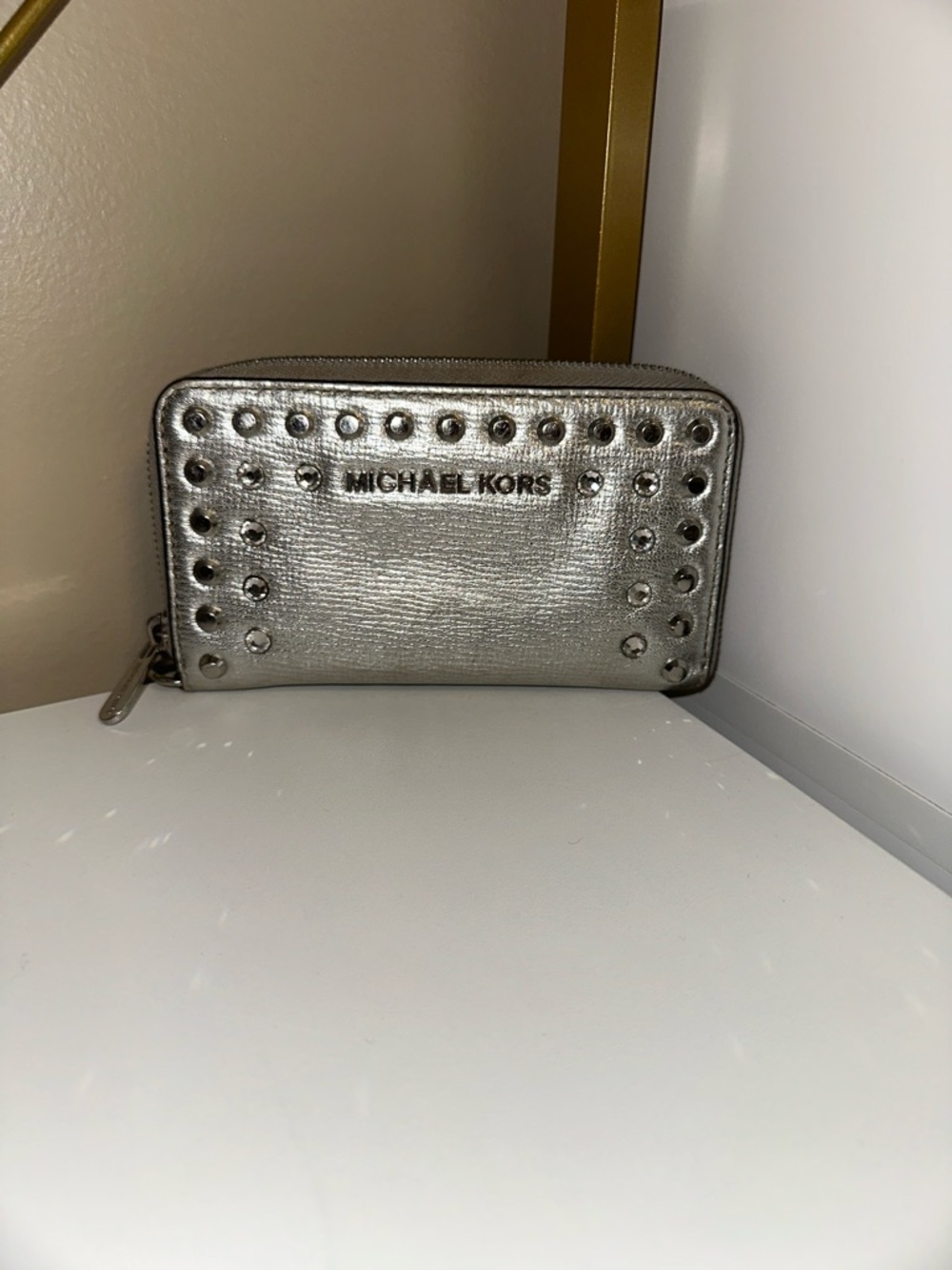 Michael Kors Silver Metallic Studded Zip-Around Wallet